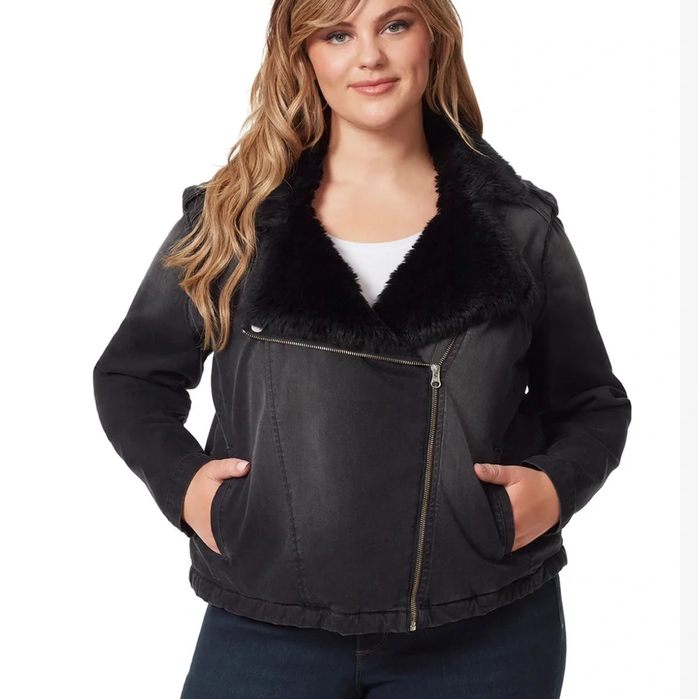Jessica Simpson fur lined denim moto jacket plus size - Picture 1 of 7